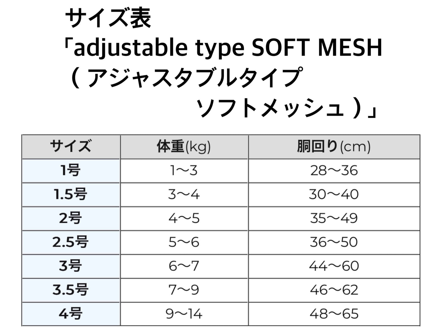 TRE PONTI® フィッビア アジャスタブルタイプ ソフトメッシュ パステル サイズ表